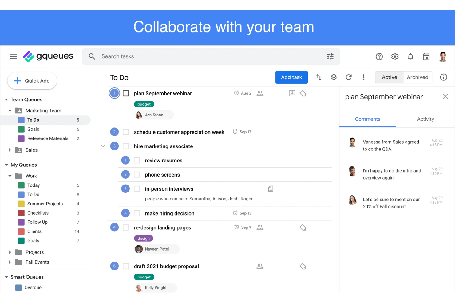 GQueues simplifies project management within Google Workspace.