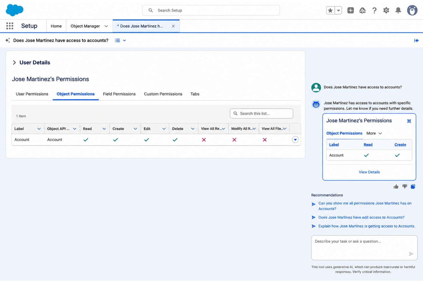 Salesforce Setup showing Jose Martinez's account object permissions with AI assistant panel.
