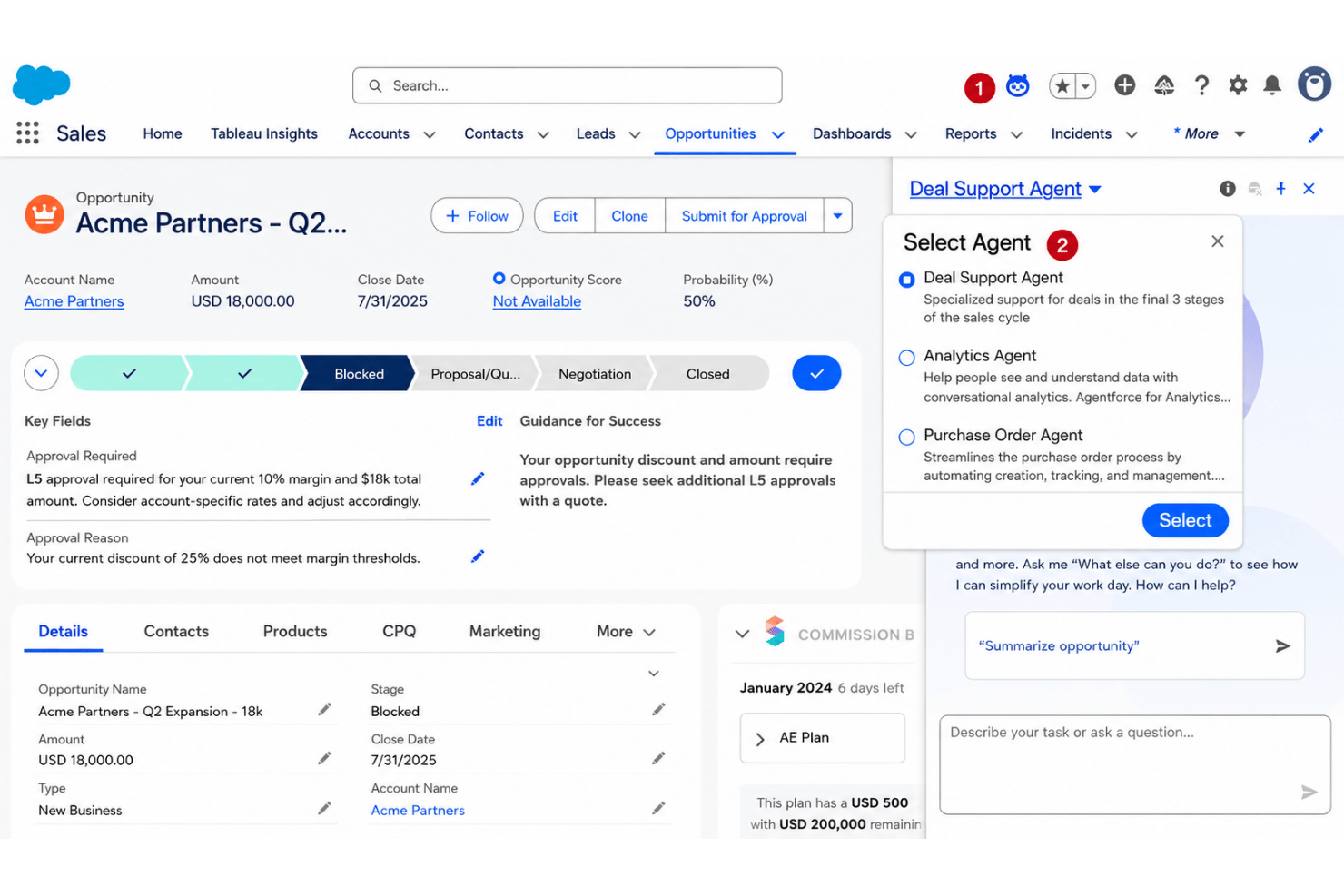 Salesforce CRM opportunity page with AI agent selection panel showing three agent options.