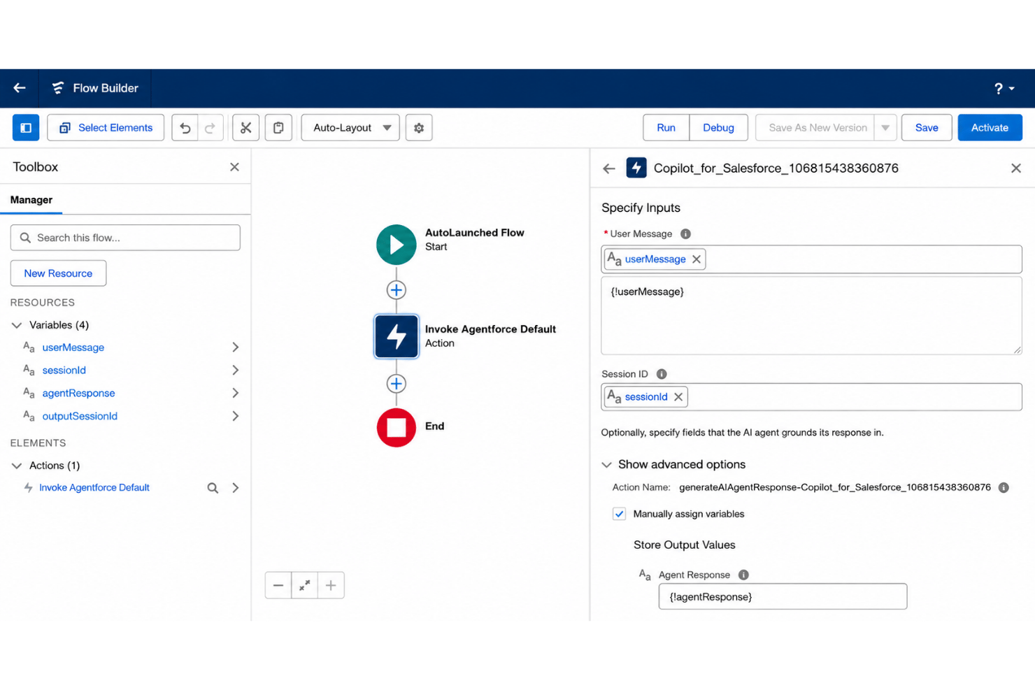 Salesforce Flow Builder showing an AutoLaunched Flow invoking an Agentforce AI action.