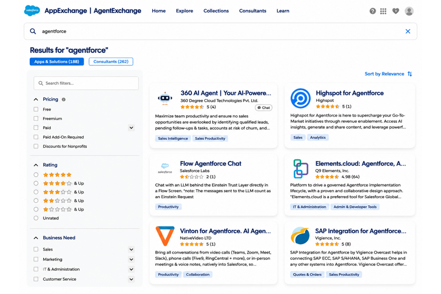 Salesforce AppExchange search results showing 188 Agentforce apps and solutions.
