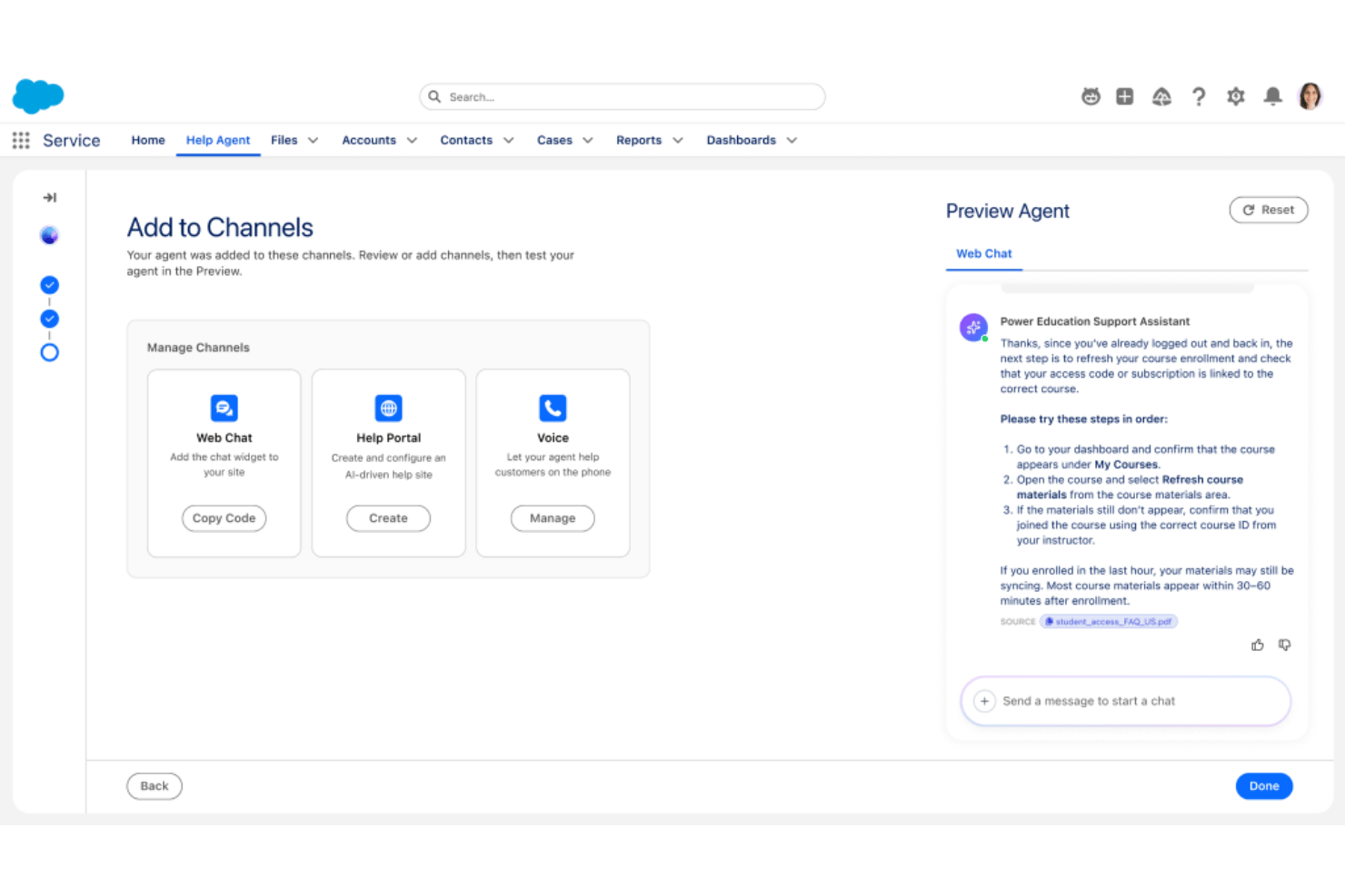 Salesforce Agentforce Add to Channels screen with web chat preview showing AI responses.