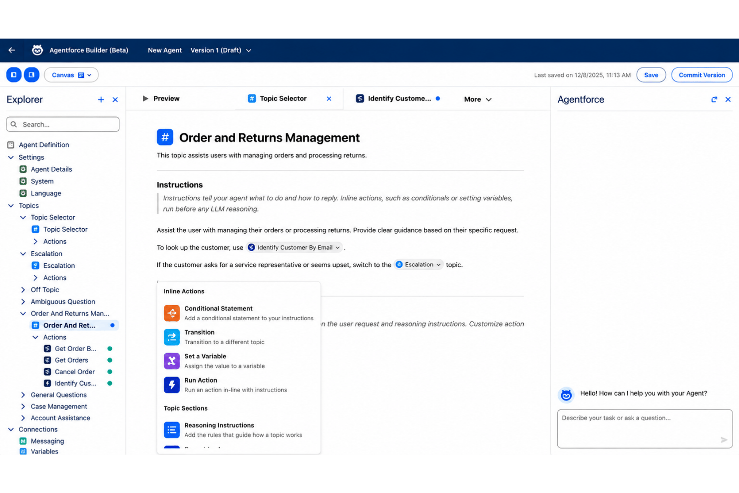 Agentforce Builder showing Order and Returns Management topic with inline actions menu open.