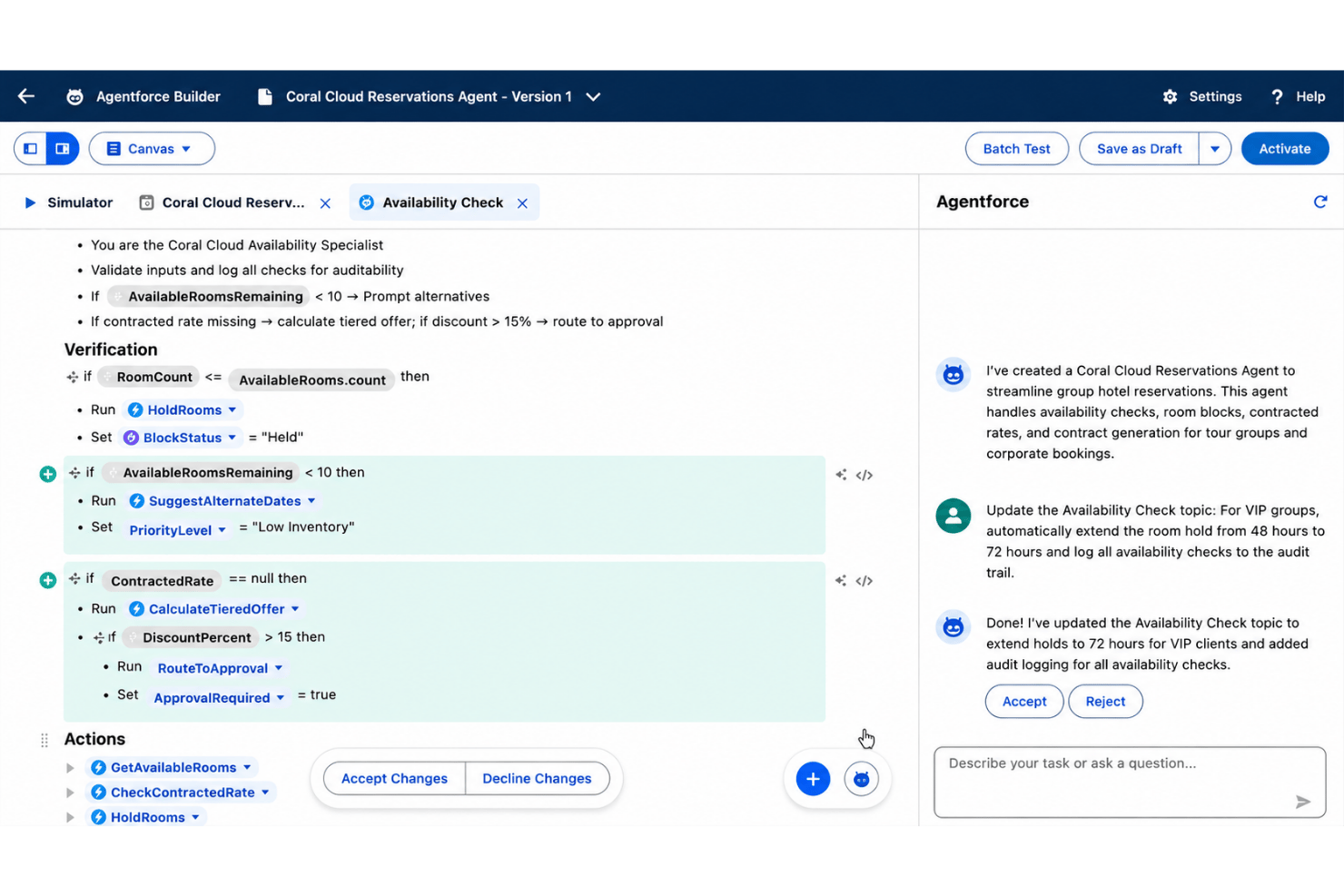 Agentforce Builder showing conditional workflow logic for a hotel reservations AI agent.