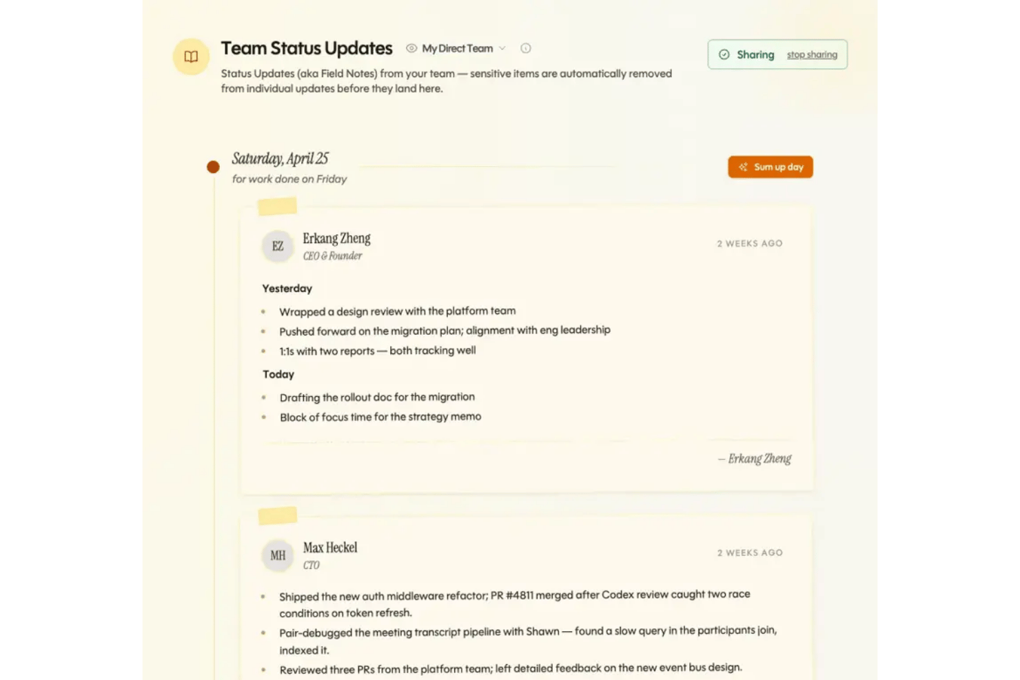 Ariso AI feed showing daily entries from CEO and CTO with bullet points.
