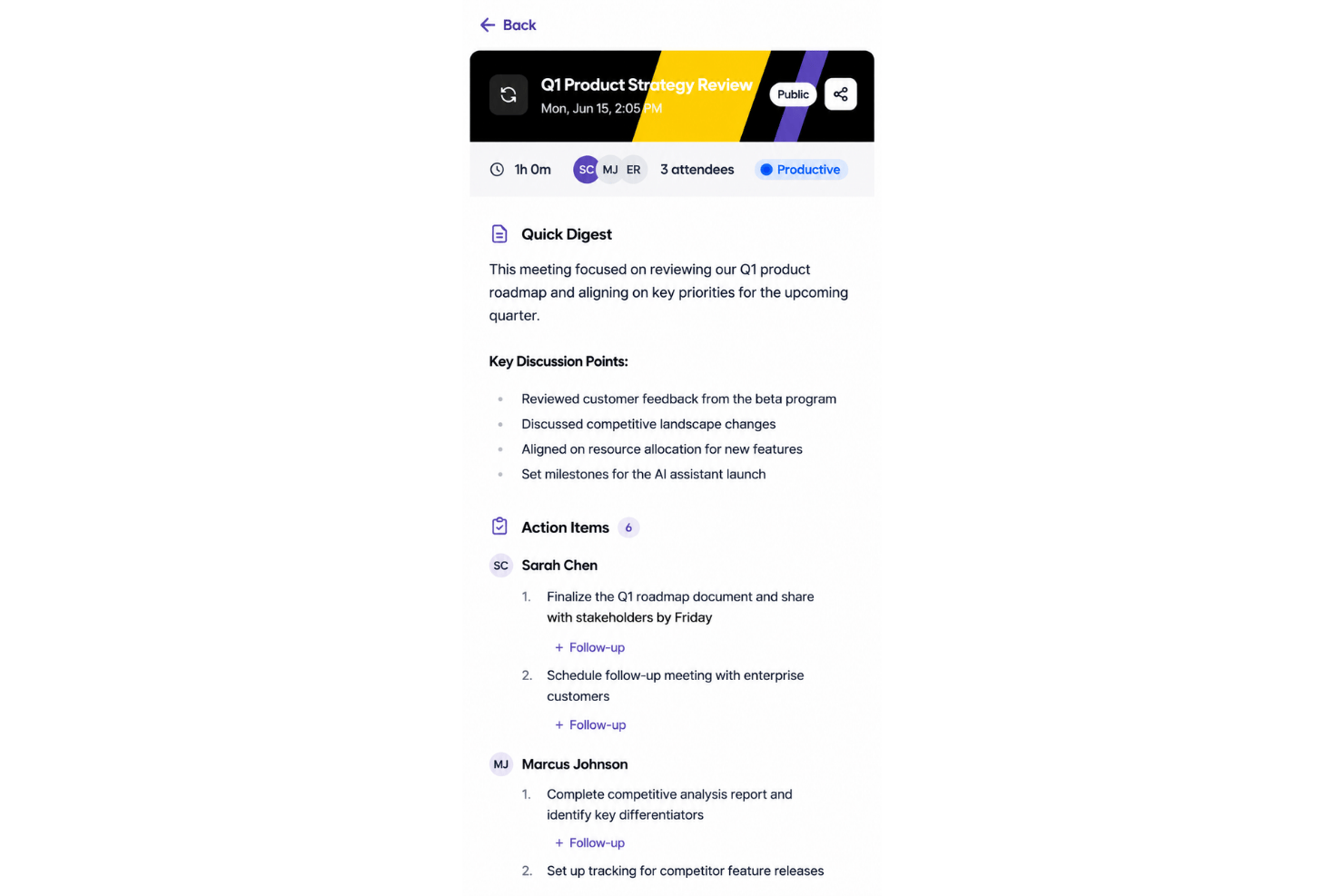 Ariso AI meeting summary UI showing action items assigned to attendees with follow-up links.