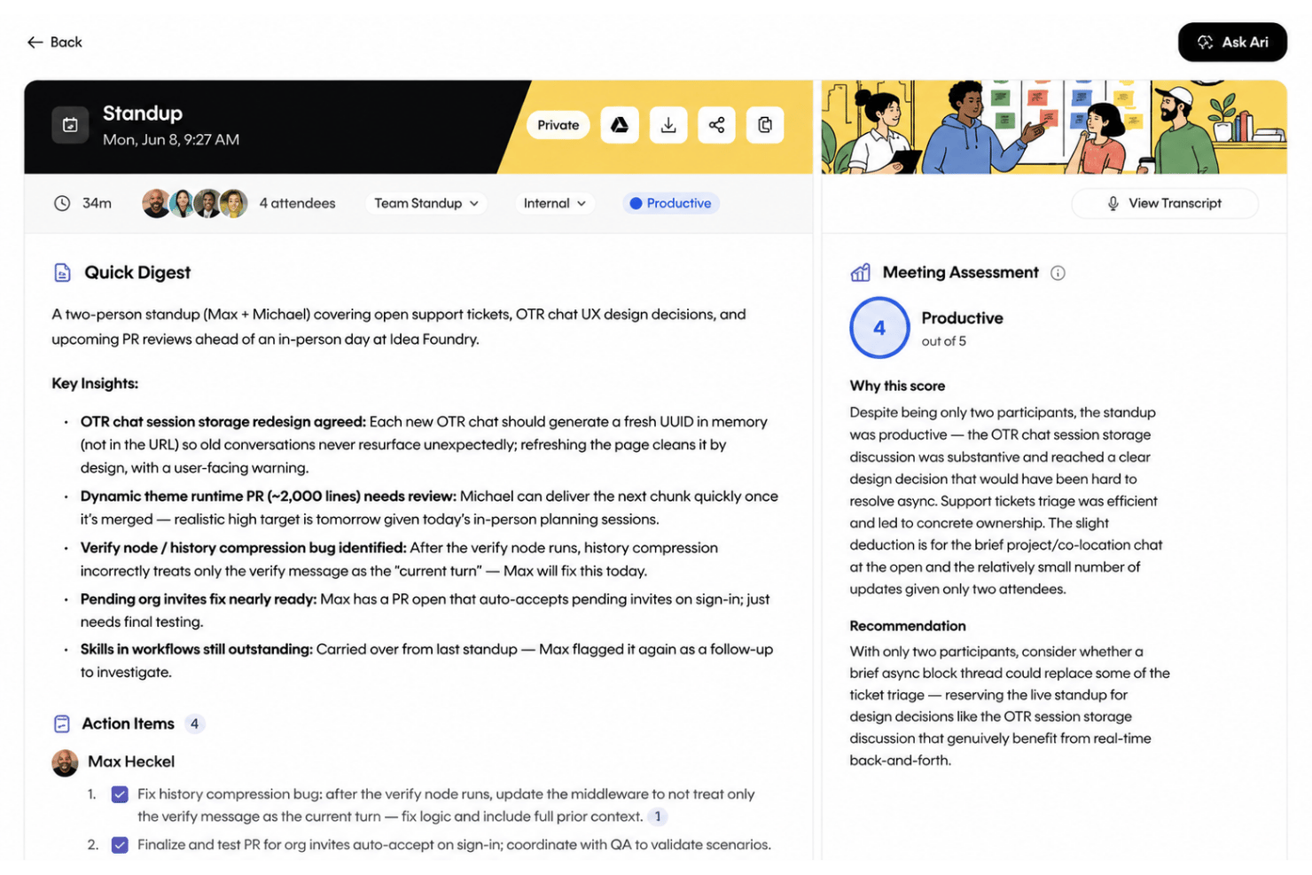 Ariso AI standup meeting summary UI showing quick digest, key insights, action items, and productivity score of 4 out of 5.