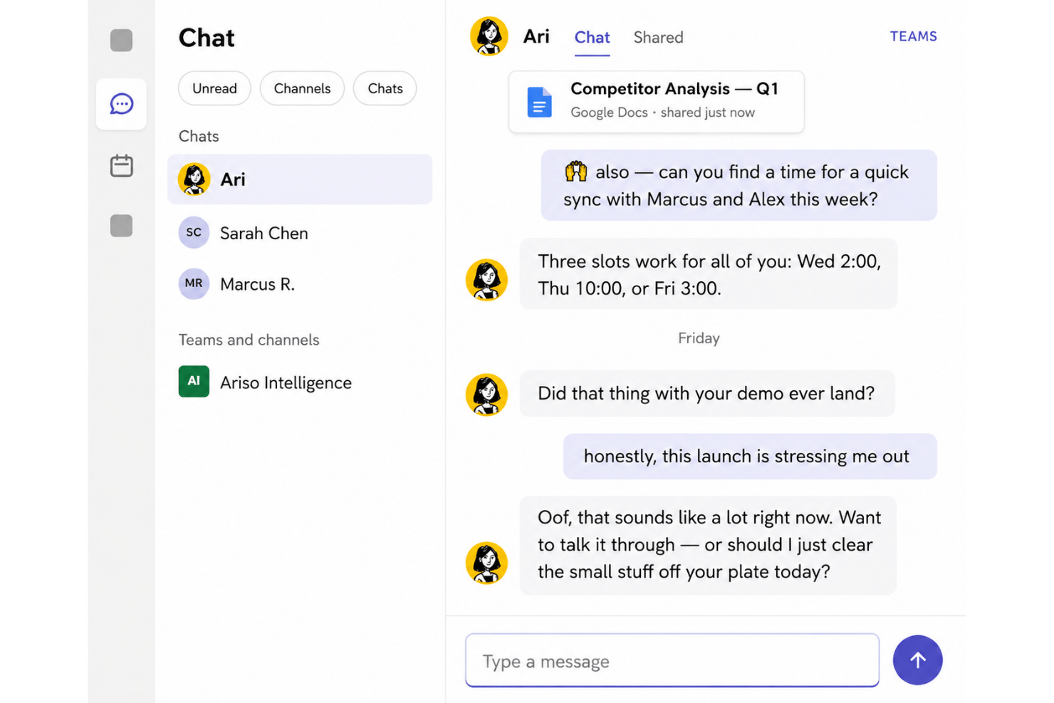 Ariso AI chat assistant sharing meeting slots and responding to stress about a product launch.