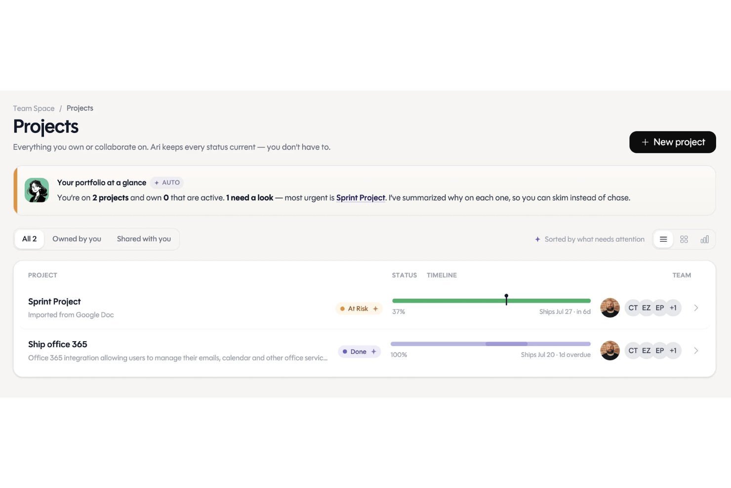 Ariso AI dashboard showing two projects with status, timeline progress, and team members.