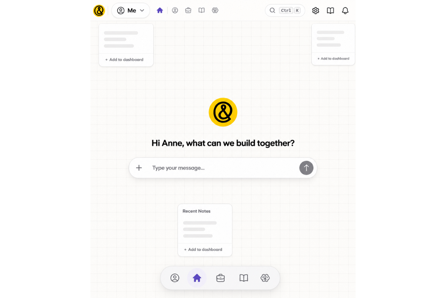 Ariso AI assistant dashboard with chat input, recent notes widget, and navigation icons.
