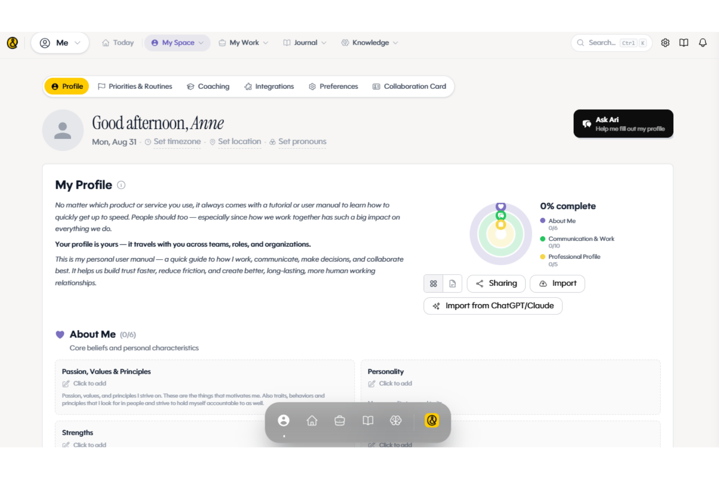 Ariso AI profile page showing completion progress and editable sections for About Me.