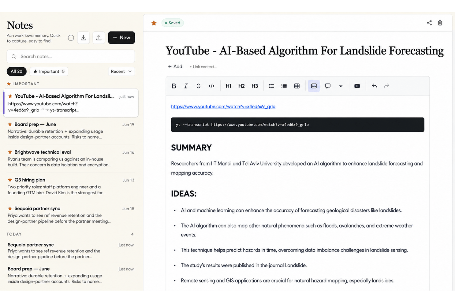 Ariso AI notes app showing AI-summarized YouTube video on landslide forecasting with bullet points.
