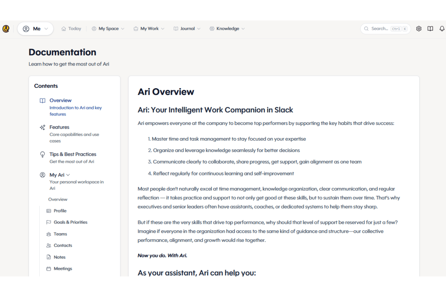 Ariso AI documentation page showing overview, features, and navigation sidebar in a web app.