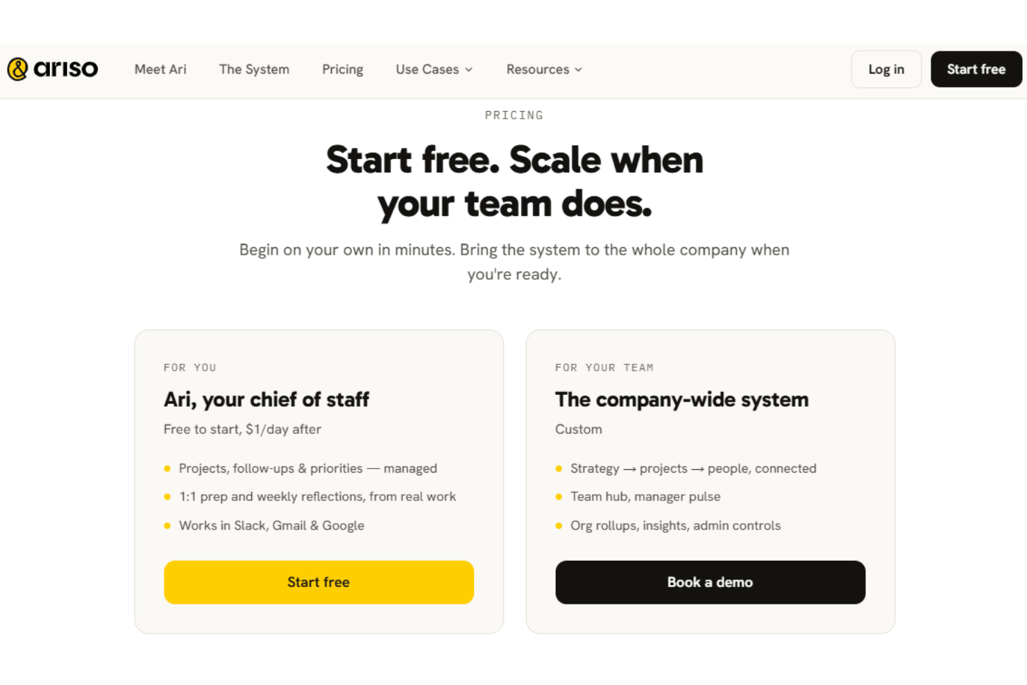Ariso AI pricing page showing two plans: free individual and custom team pricing.