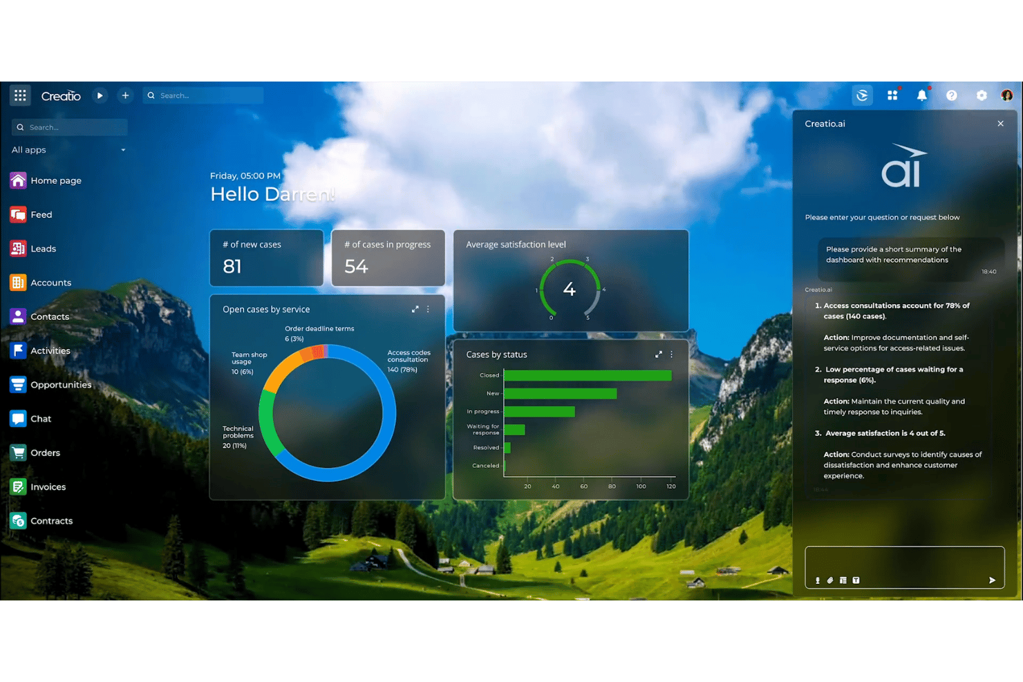 Creatio AI Studio interface with visual no-code AI agent building tools.