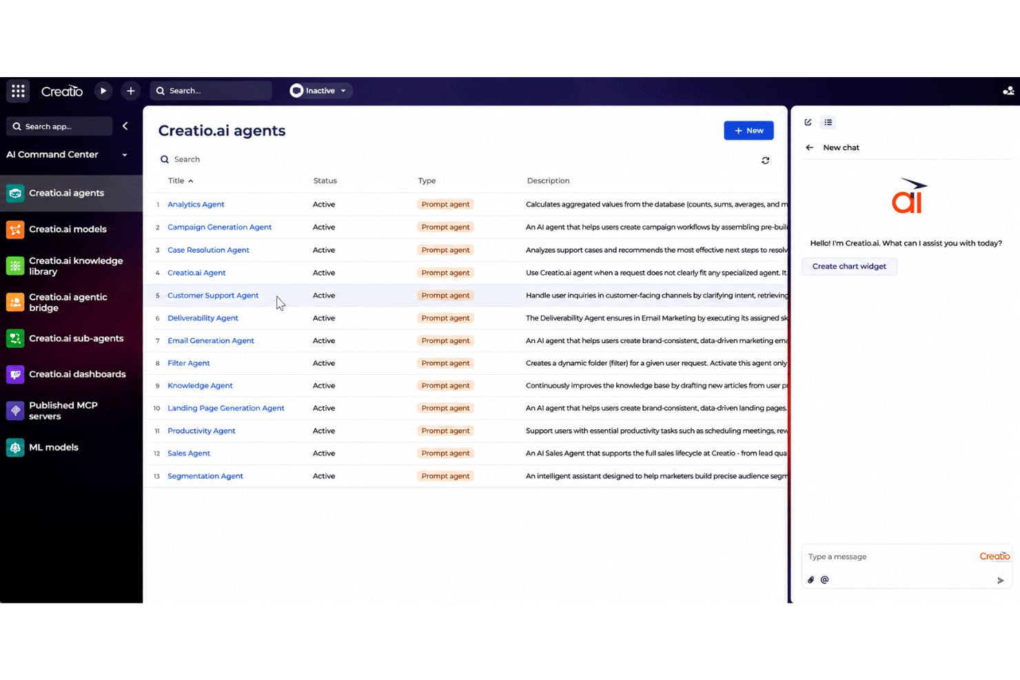 Creatio AI Studio agent development with policies and governance controls.
