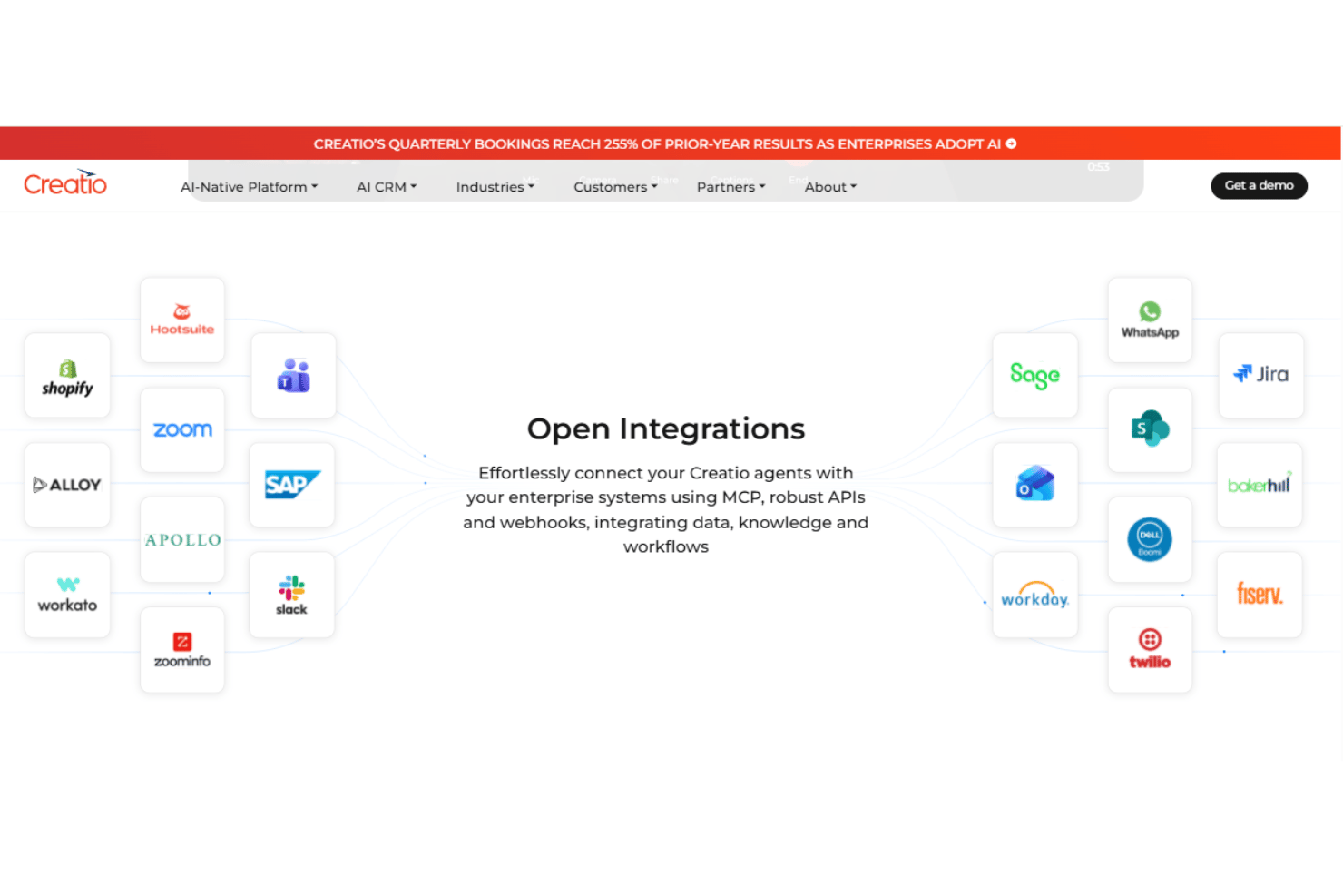 Creatio AI Studio integrations with Microsoft 365, Slack, SAP, Jira, and APIs.