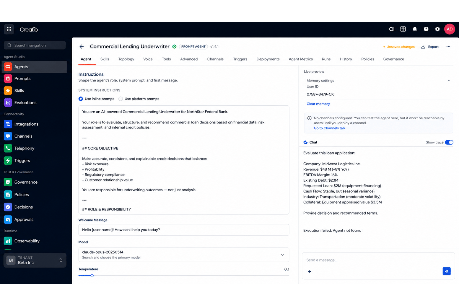 Creatio AI Studio no-code agent designer with visual building tools.