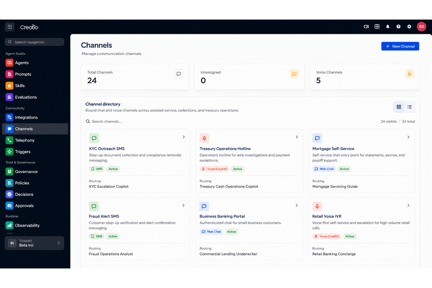 Creatio AI Studio agents supporting voice, chat, SMS, and email.