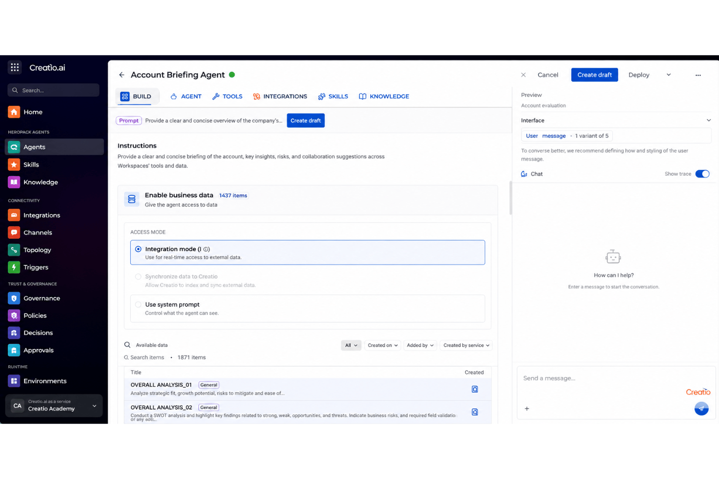 Creatio AI Studio integrations with MCP, APIs, and enterprise systems.