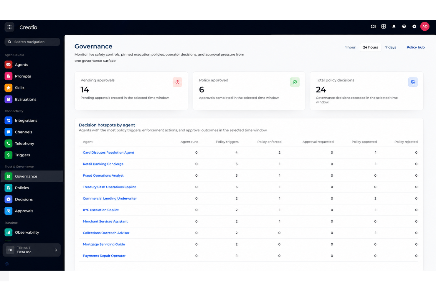 Creatio AI Studio agent policies with approvals and access controls.