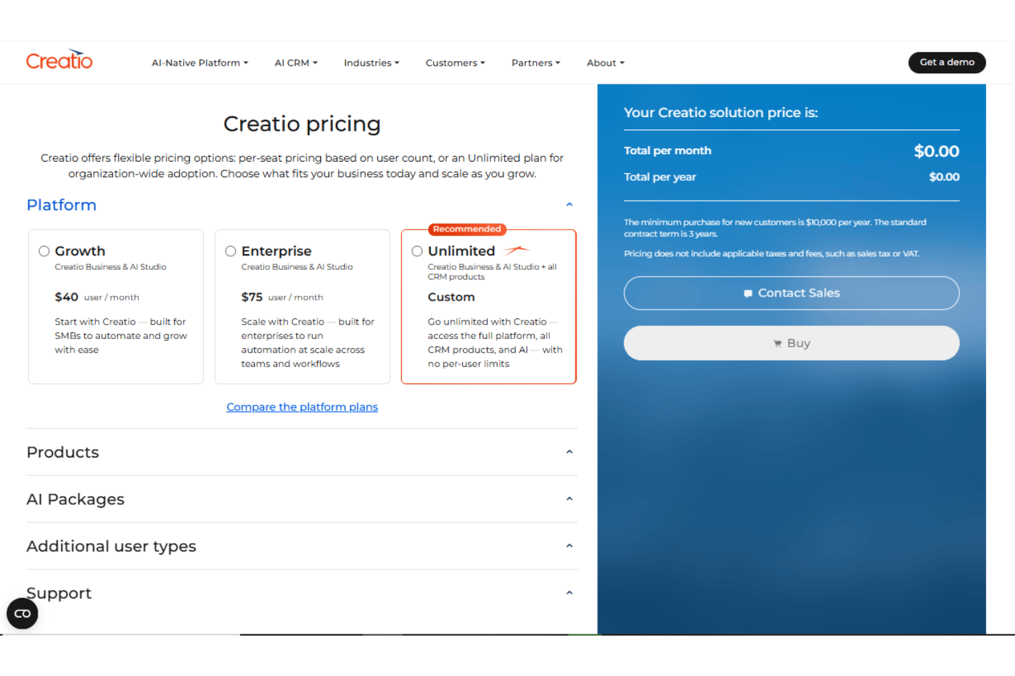 Creatio AI Studio pricing with Growth, Enterprise, and Unlimited plans.