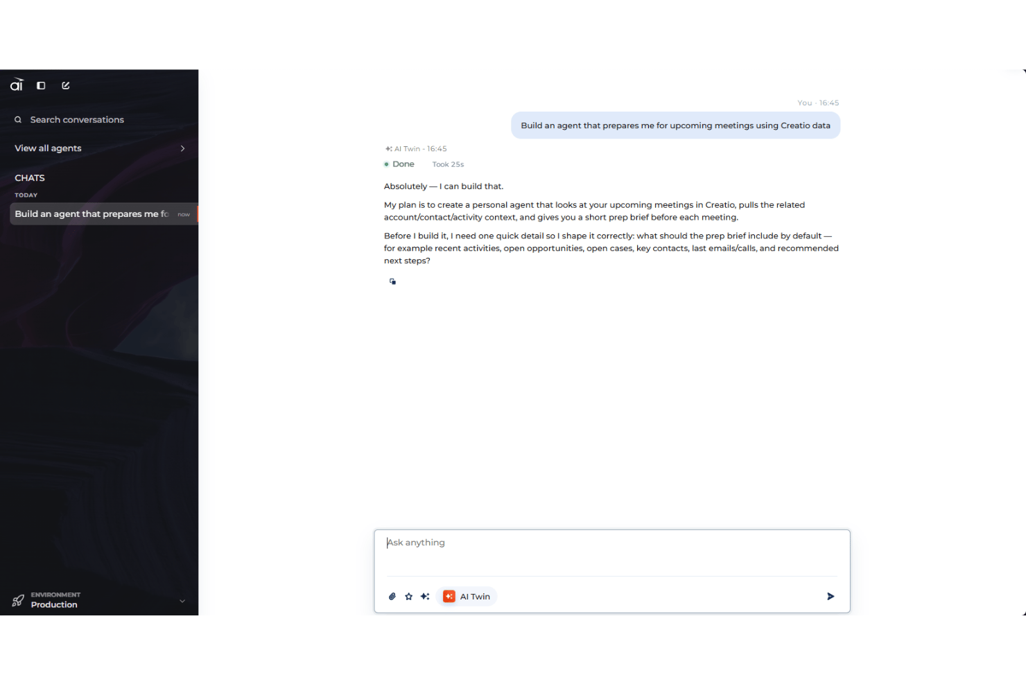 AI Twin chat interface building a meeting preparation agent using Creatio data.
