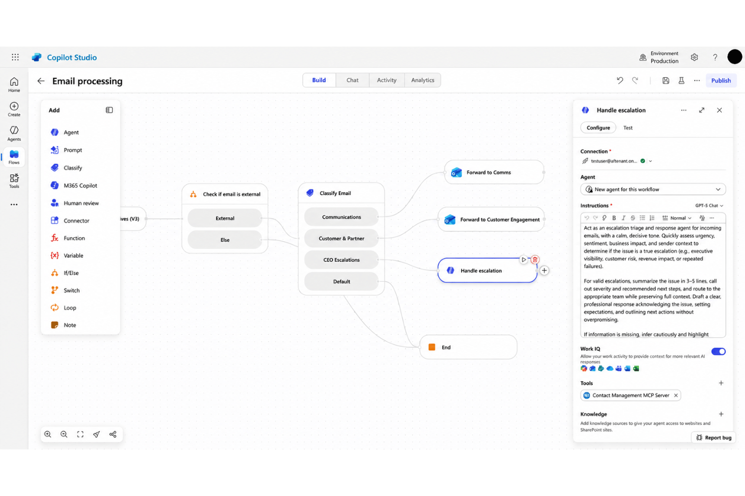 Microsoft Copilot Studio AI action creation with prompts and workflows.
