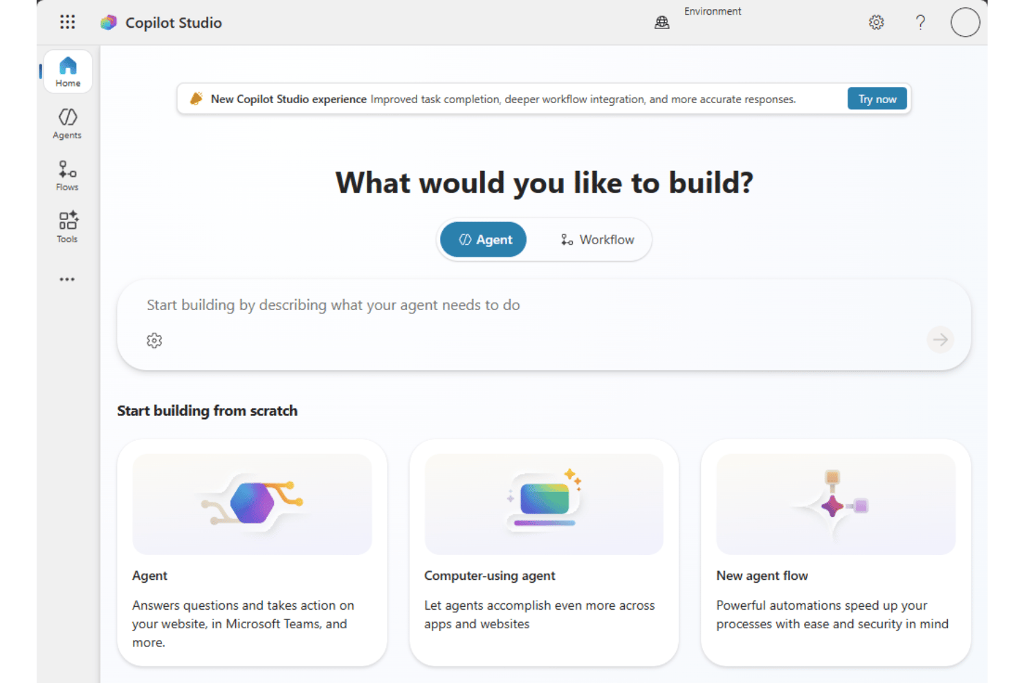 Microsoft Copilot Studio interface with visual agent building and publishing tools.