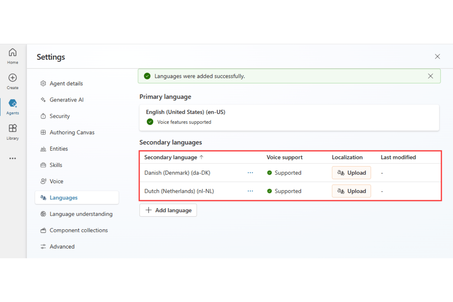 Microsoft Copilot Studio agent settings with multilingual support.