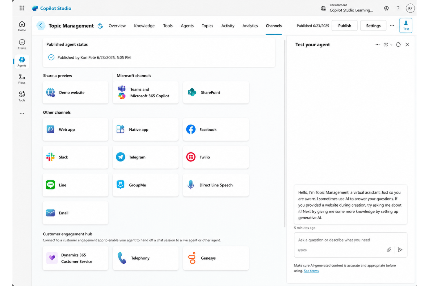 Microsoft Copilot Studio publishing agents to Teams, web, and SharePoint.