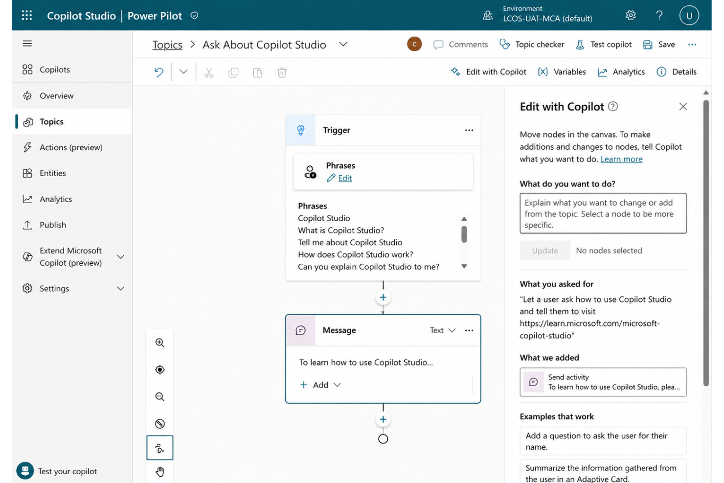 Microsoft Copilot Studio visual builder with conversational flows and logic.