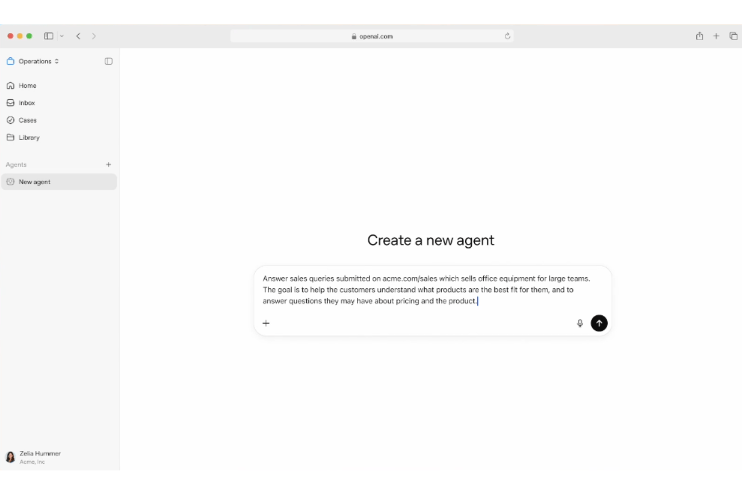 OpenAI interface showing a 'Create a new agent' prompt with a text input field.