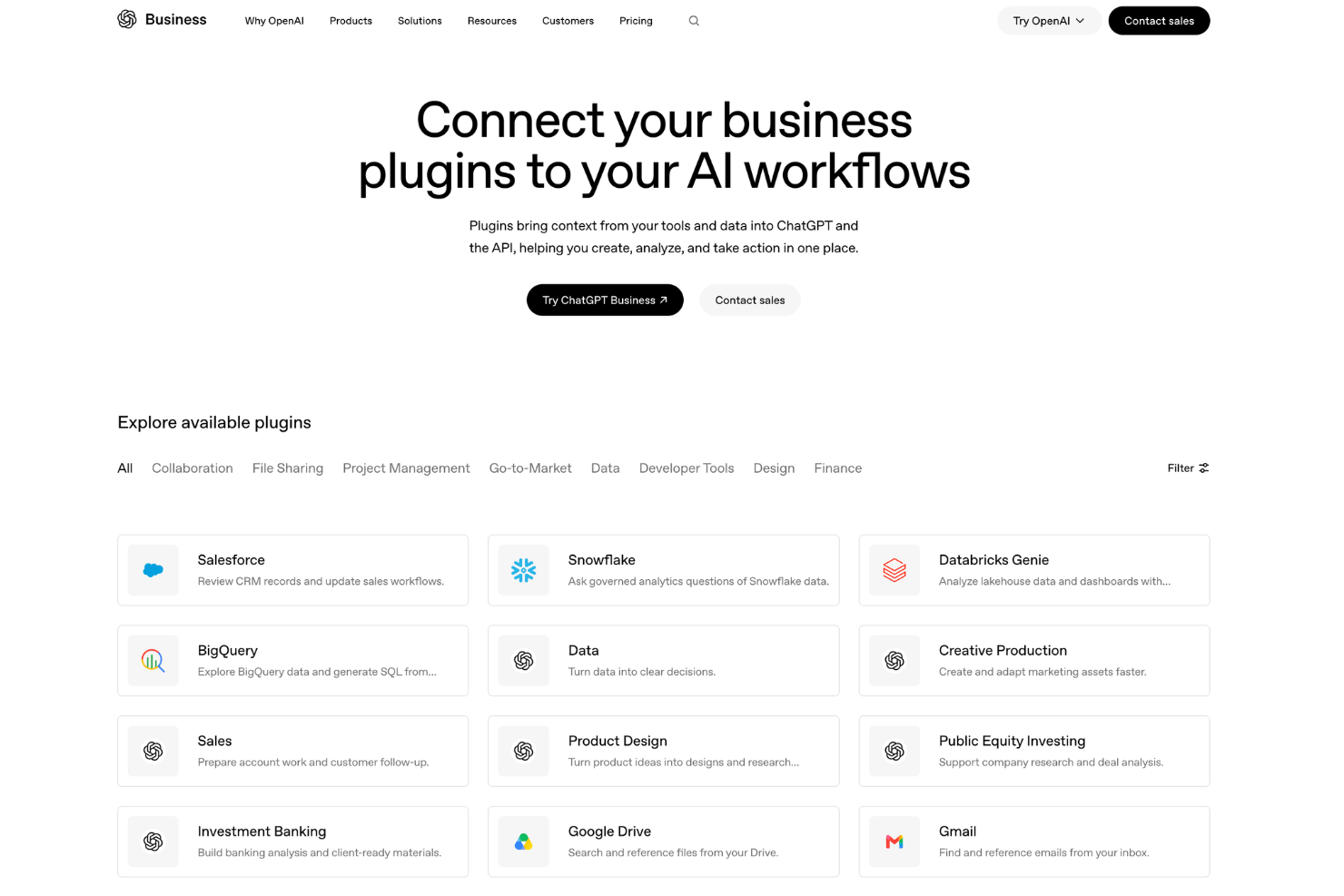OpenAI Business page showing available plugins including Salesforce, Snowflake, and BigQuery.