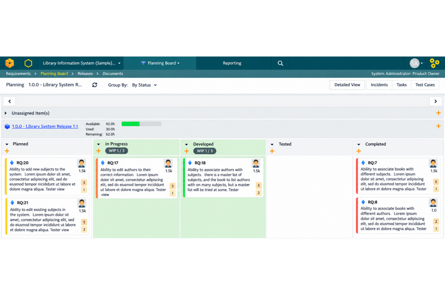 SpiraPlan interface with requirements, sprints, tests, defects, and risks.