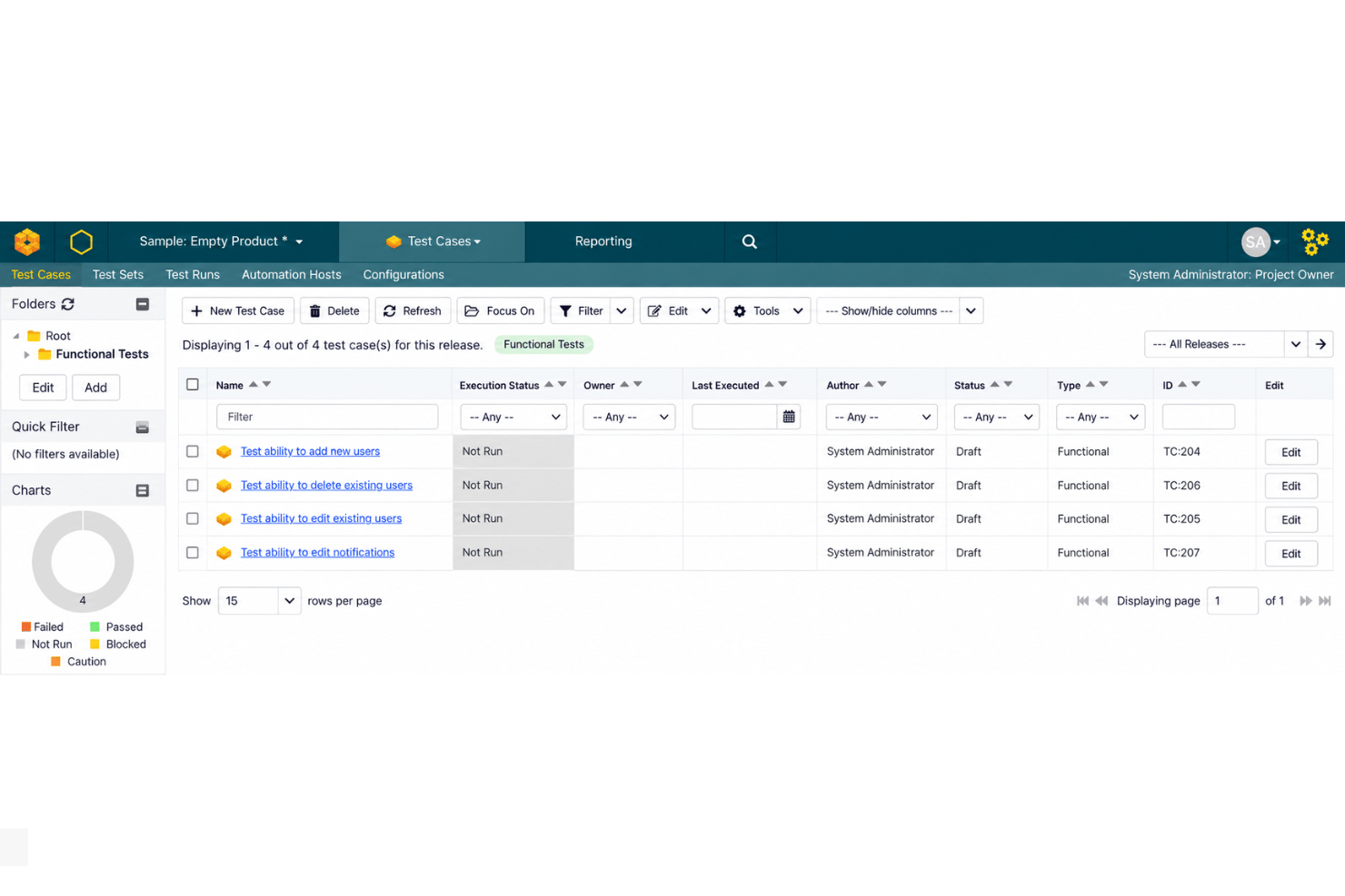 SpiraPlan test management with test cases, sets, runs, and results.