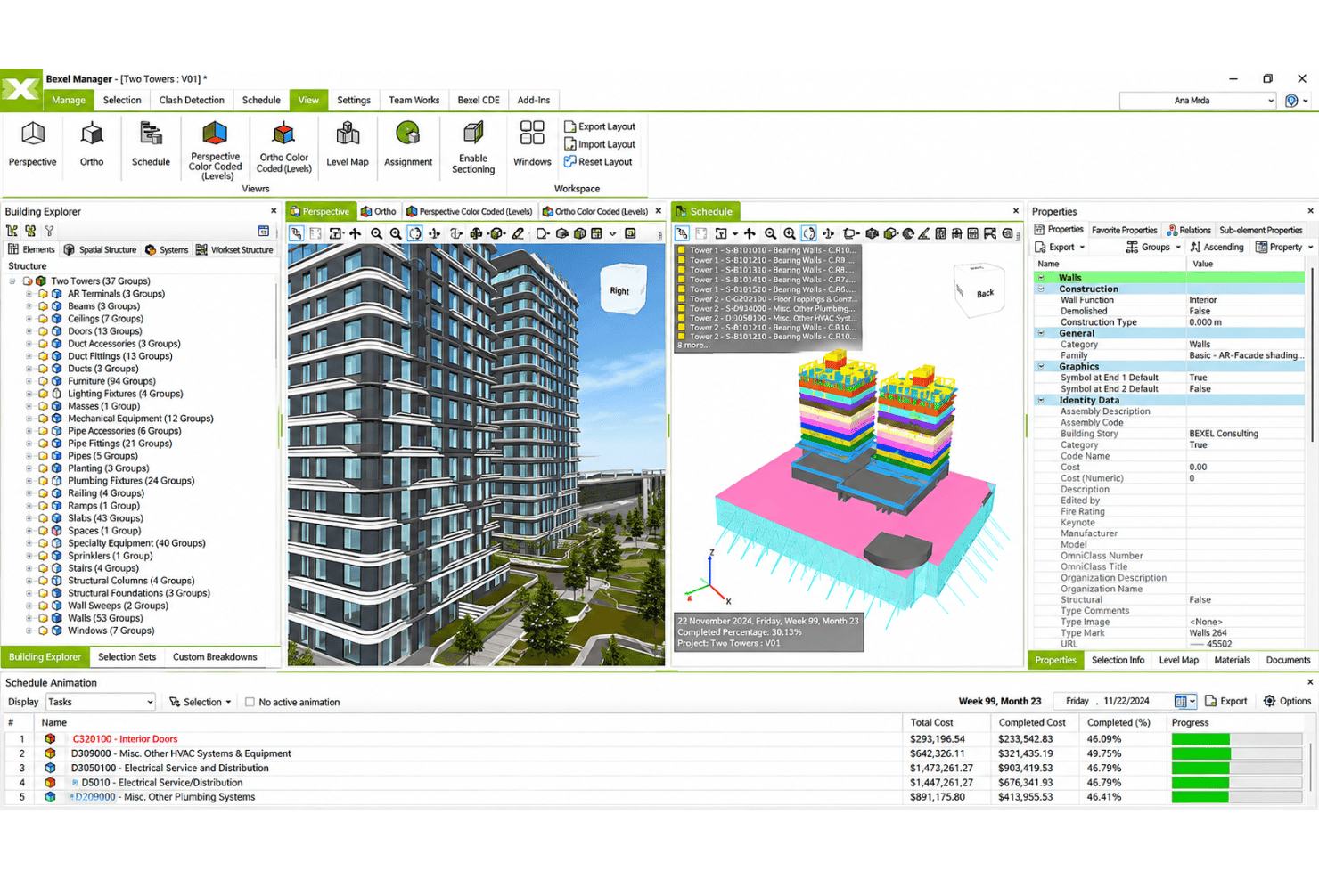 BEXEL Manager 4D construction simulation with BIM models and project schedules.