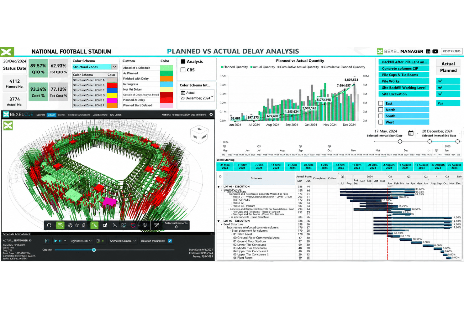 BEXEL Manager element-level progress tracking with planned and actual construction status.