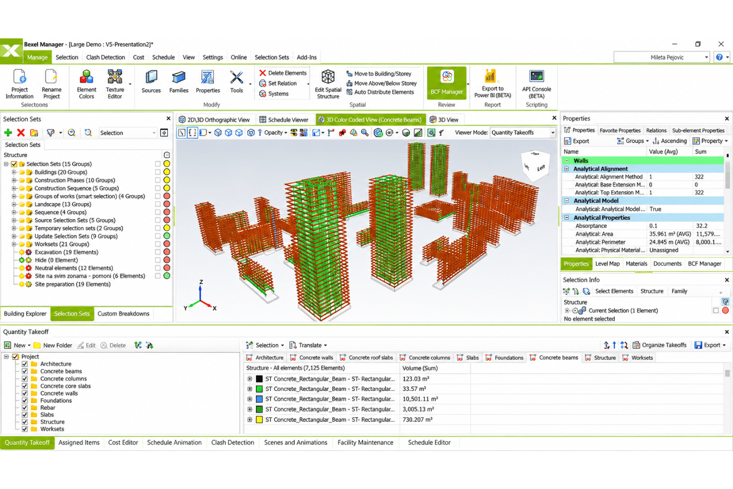 BEXEL Manager quantity takeoff with BIM elements, material quantities, and estimates.