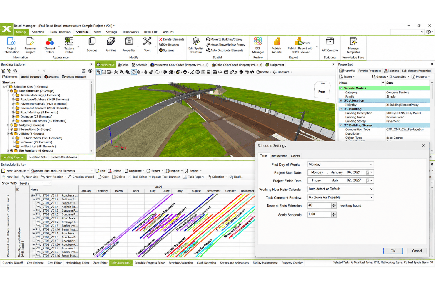 BEXEL Manager schedule planning with construction activities, timelines, and BIM models.