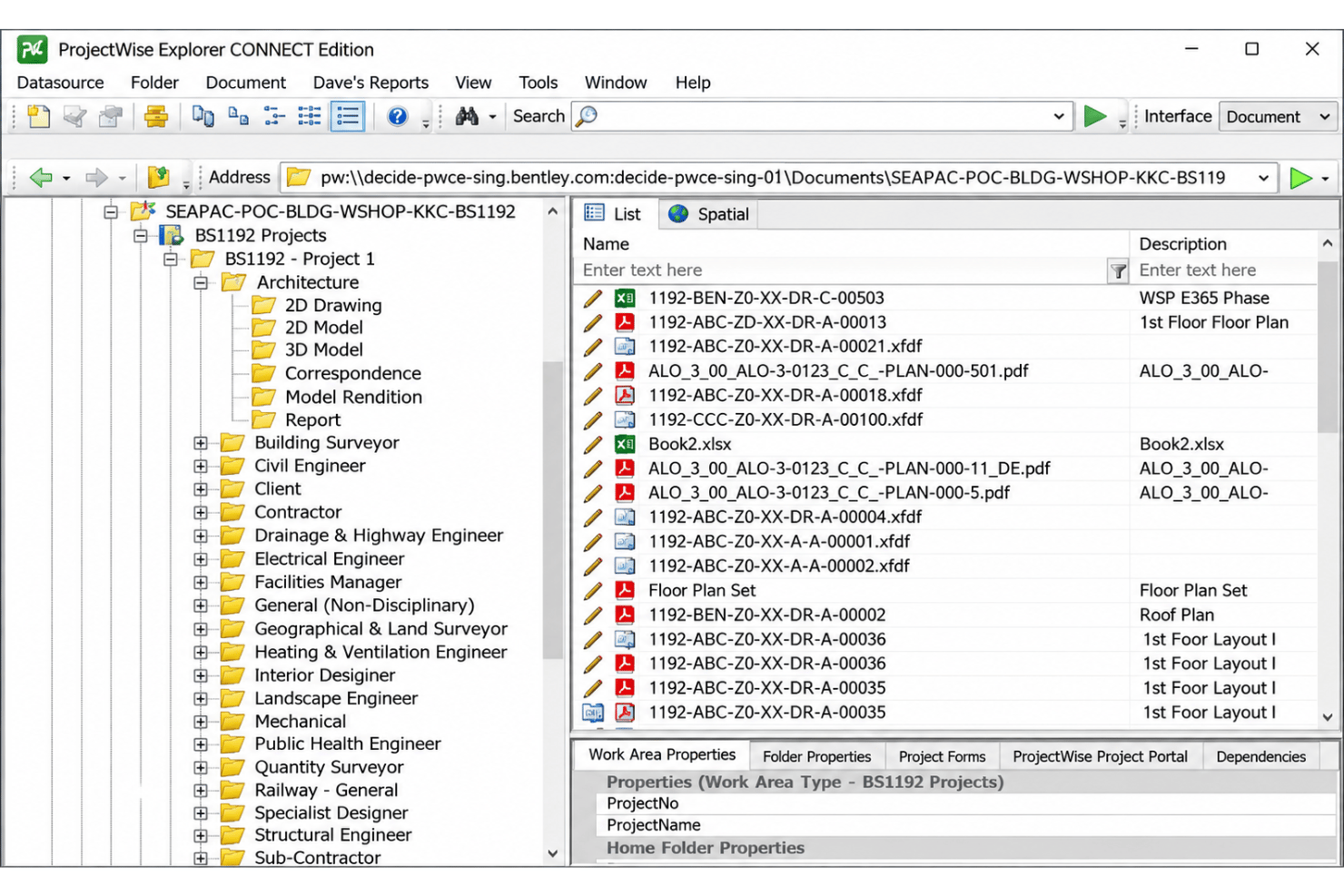 Bentley ProjectWise document management with engineering drawings, BIM models, and project files.