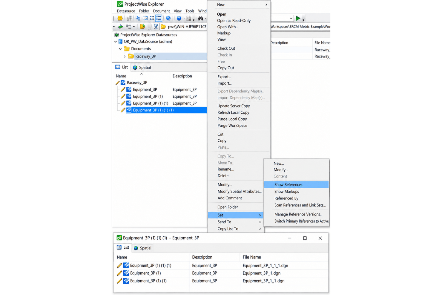 Bentley ProjectWise workspace management with reference files, engineering designs, and project settings.