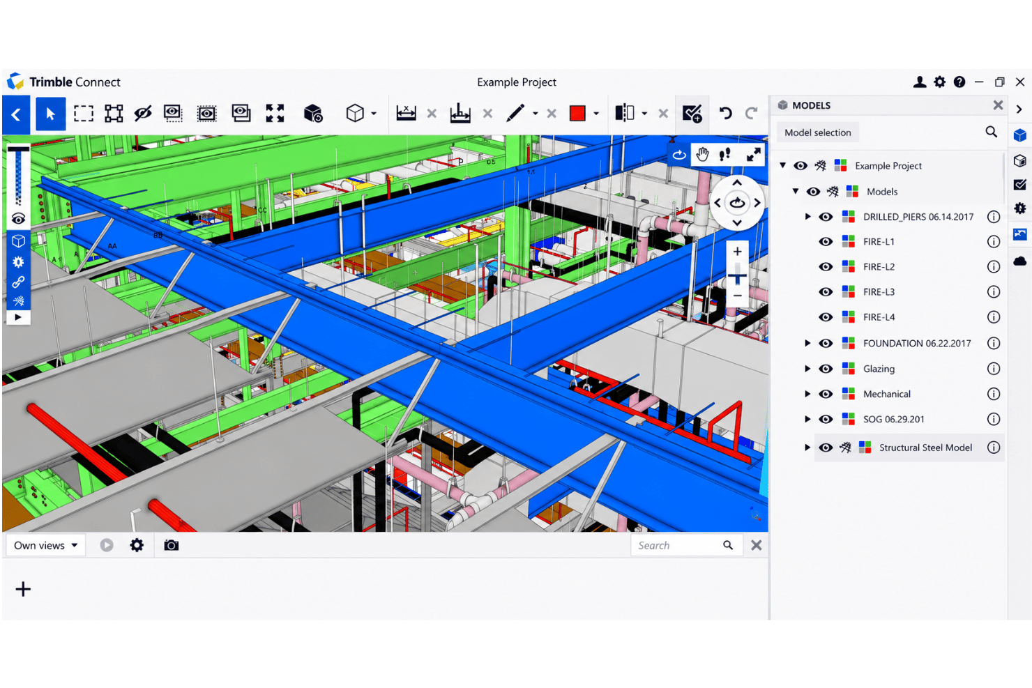 Trimble Connect 3D model viewer with combined structural, mechanical, and architectural BIM models.