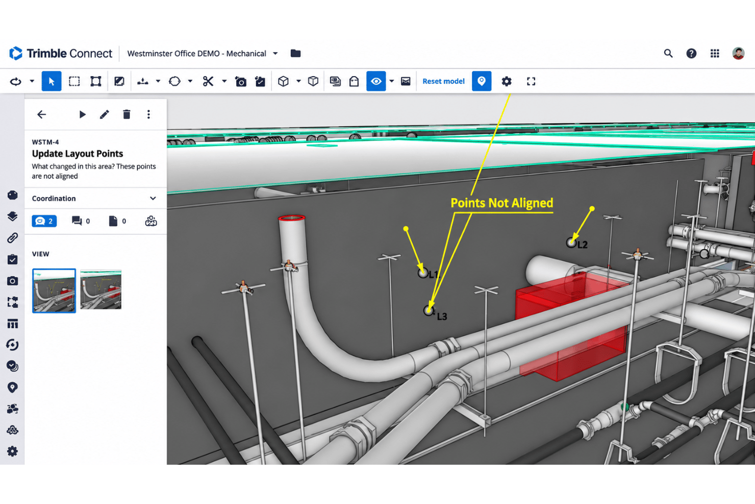 Trimble Connect 3D model viewer with design markups, annotations, comments, and saved views.