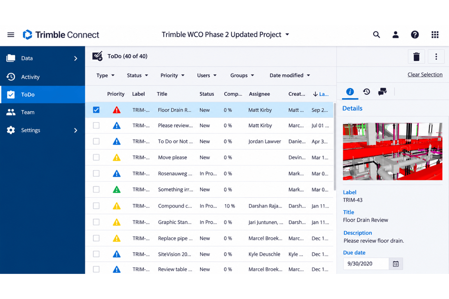 Trimble Connect task management interface with model-linked issues, BCF tracking, and task assignments.