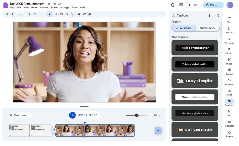 Google Vids Adds Styled and Animated Captions for Videos
