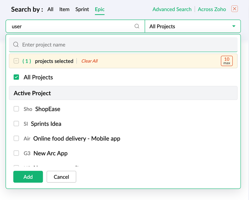 Zoho Sprints Adds Epic Search to Global Search