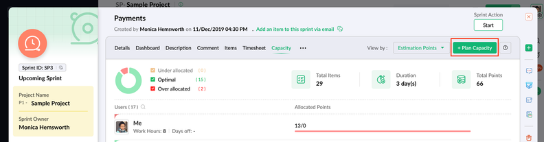 Zoho Sprints Adds Capacity Planning