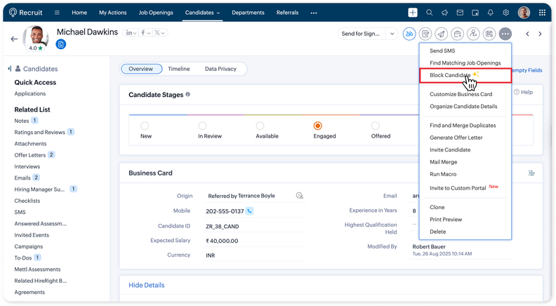 Zoho Recruit Introduces Block Candidates