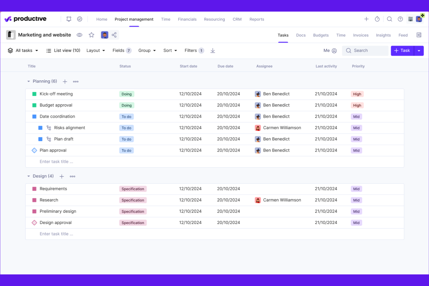 Productive screenshot - 10 beste Projektmanagement-Software für professionelle Dienstleistungen, ausgewählt für 2026